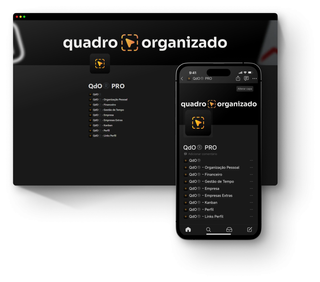 Template do Notion com produtos no Quadro Organizado